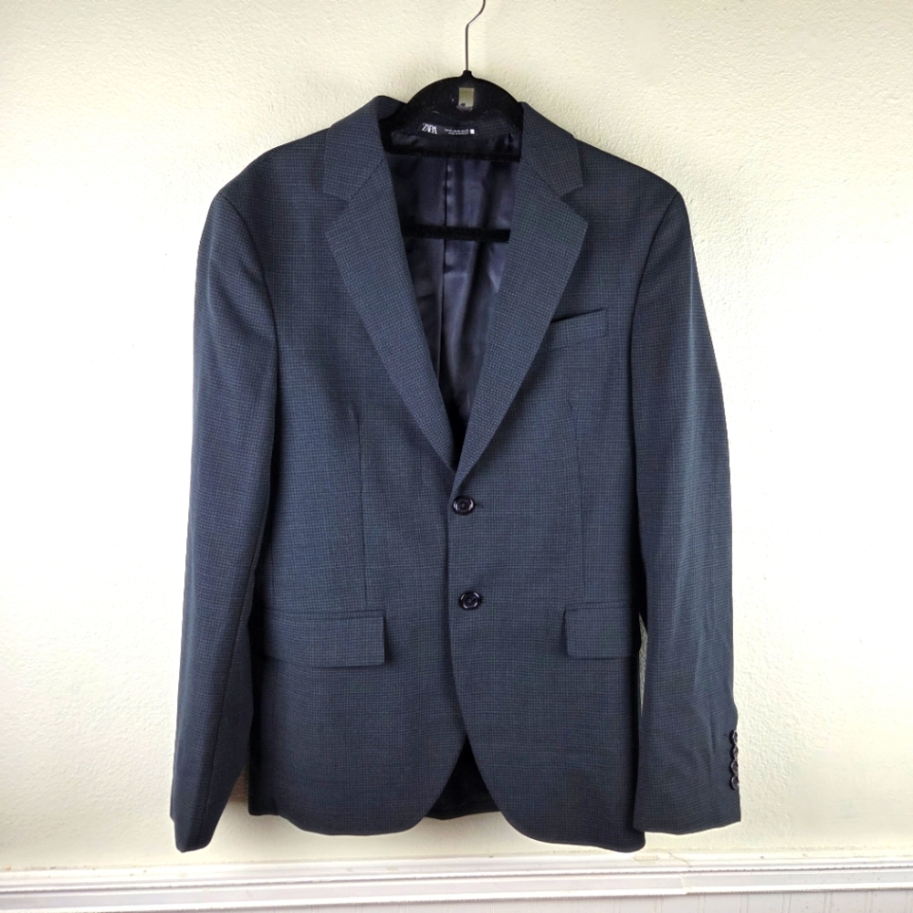 Zara Men's Blazer 36R EU 46 Gray Micro Check 2 Button Slim Suit Jacket Wool